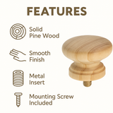 Pine Wood Cabinet Knobs with Insert & Screw – 30mm, 35mm, 40mm, 50mm Furniture Drawer & Door Handles
