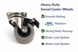 Swivel Castor Wheels 50mm Heavy Duty Rubber Caster Set of 4 with Brake – Furniture, Trolley & Workbench Wheels