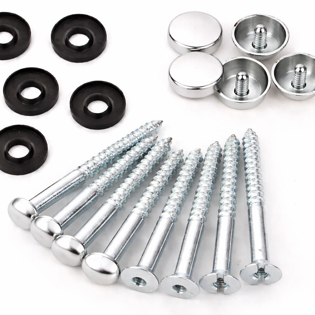 Mirror Screws & Caps FLAT Threaded Bolt Screws with Silver FLAT Caps & Rubber Washers