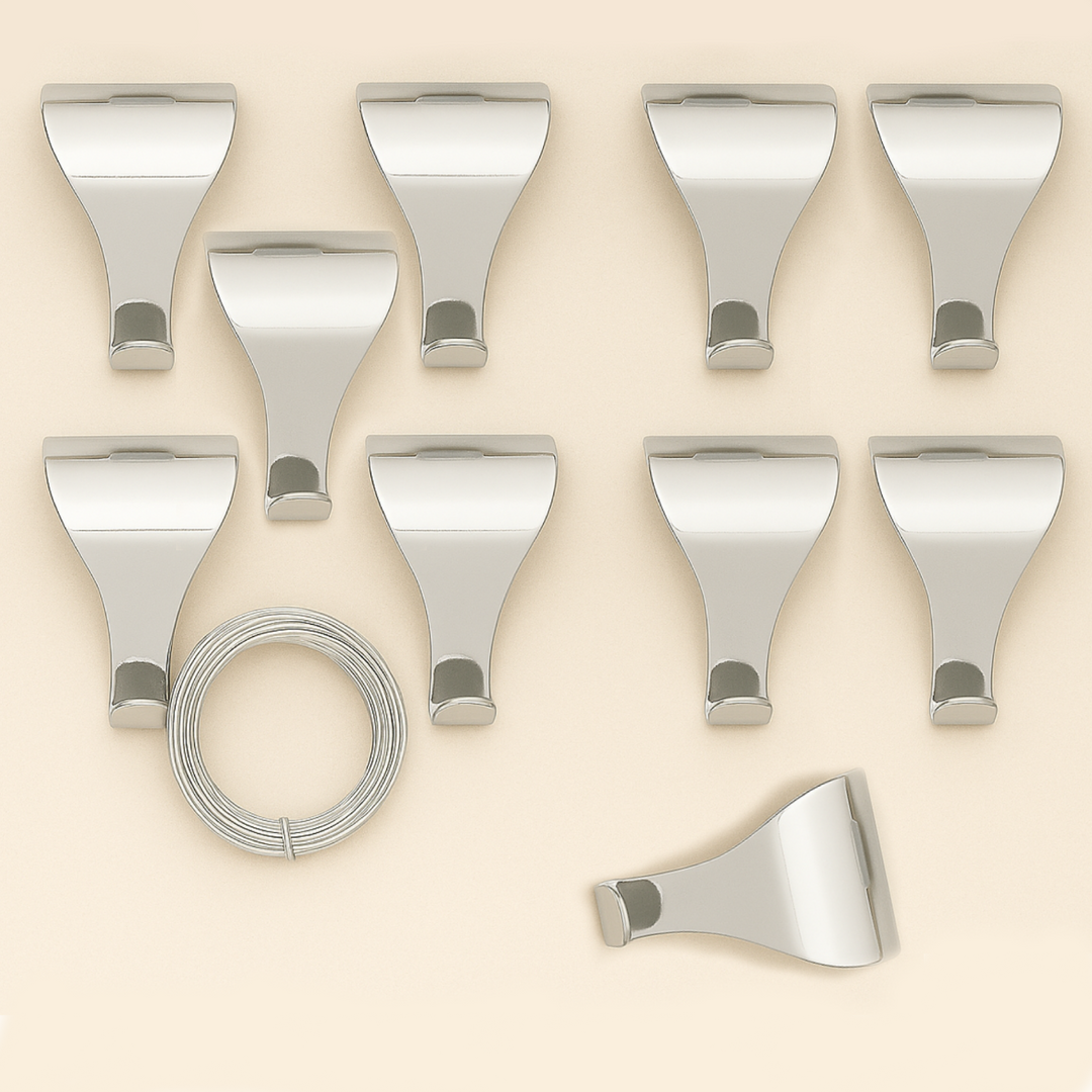 10 x Picture Rail Hooks with Wire 3m or 6m – No Drill Picture Hanging System – Brass, Chrome & Antique Bronze Rail Hooks