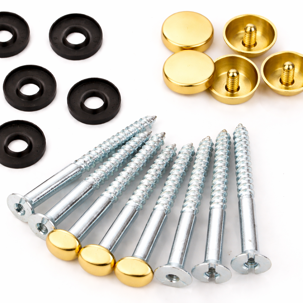 Mirror Screws & Caps FLAT Threaded Bolt Screws with  BRASS FLAT 13MM Caps & Rubber Washers