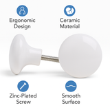 Ceramic Cabinet Knob 38mm White  – Round Door & Drawer Knob with Fixing Screw for Cupboards, Wardrobes & Furniture