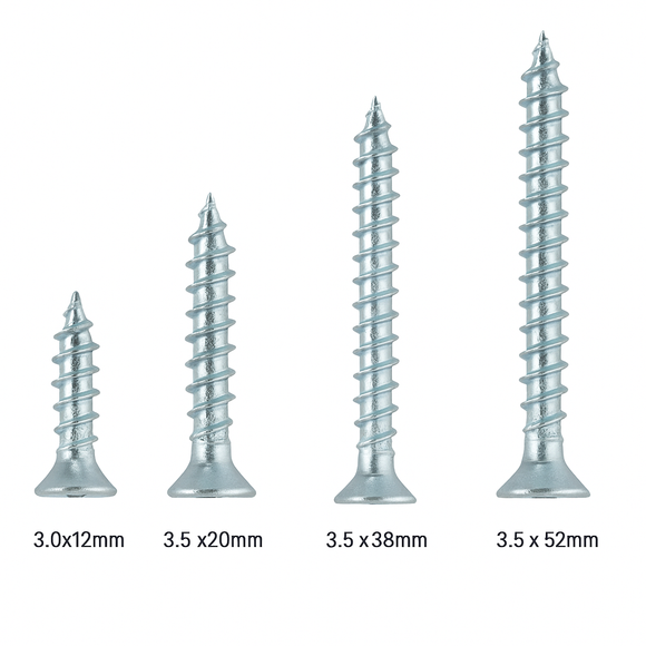 Wood Screws Assorted- Zinc Plated – 3.0x12mm, 3.5x20mm, 3.5x38mm, 3.5x52mm | Pozi Countersunk