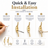 Brass Cleat Hooks Roman Blind Tie Back Hooks – Brass Cord Hooks for Curtains, Blinds & Washing Line Tie Downs – Pack of 2
