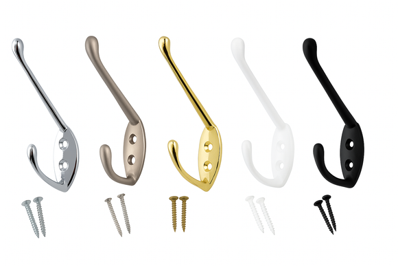 Hat & Coat Hook Wall Mounted – Chrome, Brass, White, Satin & Black Finish – Heavy Duty Double Hook with Screws