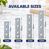 Flat Metal Brackets Joining Mending Plates– 75mm to 150mm Sizes for Furniture, Shelving & DIY Repairs