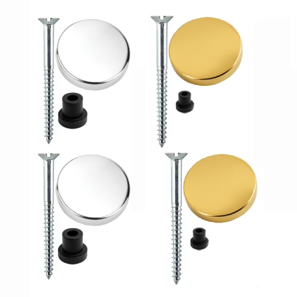 Mirror Screws & EXTRA LARGE Caps Threaded Bolt Screws with Polished Chrome/ Brass Flat Caps 25mm & Rubber Washers - Pack of 4 & 8