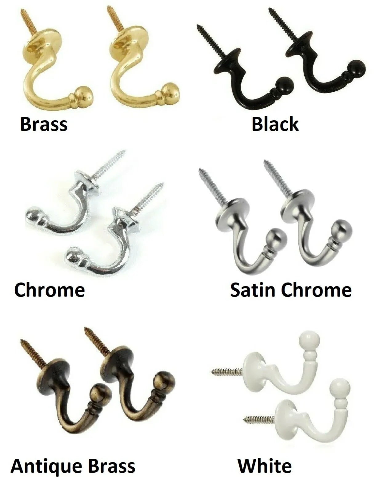 Ball End Curtain Tie Back Hooks – Elegant Holdbacks in Brass, Chrome, Black, White, Gun Metal, Satin Chrome