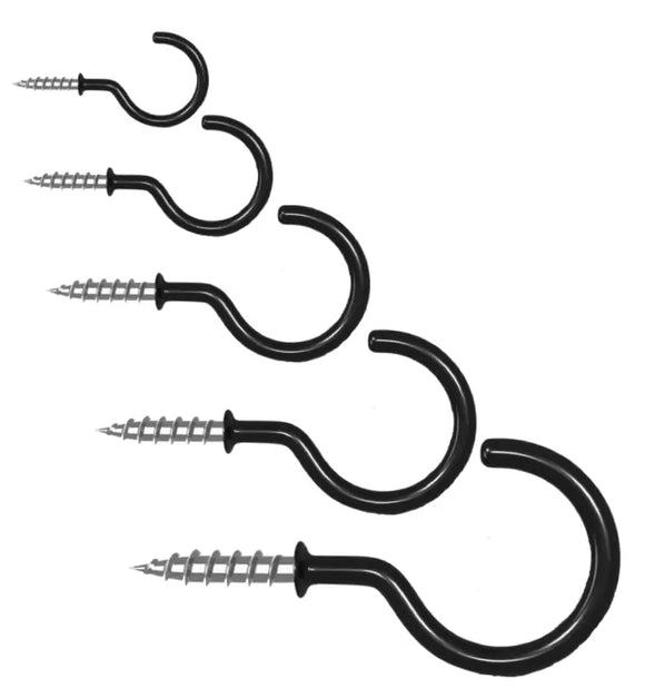 Black Plastic Coated ShoulderedCup Hooks – Screw-In Wall Hooks for Mugs, Keys, Tools, Lights & Hanging Storage