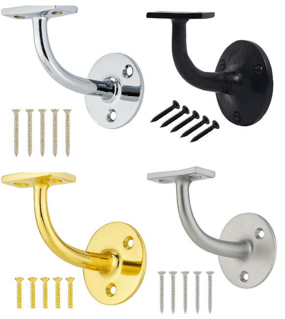 63mm Heavy Duty Handrail Bracket – Chrome, Satin, Brass & Black – Wall Mounted Stair Rail Support with Matching Screws