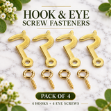 Hook & Eye Screw Side  25mm, 30mm – Electro Brass Plated Self-Tapping Fastener Clasp Hooks for Picture Frames, Mirrors & Jewellery Boxes