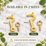 Hook & Eye Screw Side  25mm, 30mm – Electro Brass Plated Self-Tapping Fastener Clasp Hooks for Picture Frames, Mirrors & Jewellery Boxes