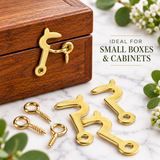 Hook & Eye Screw Side  25mm, 30mm – Electro Brass Plated Self-Tapping Fastener Clasp Hooks for Picture Frames, Mirrors & Jewellery Boxes