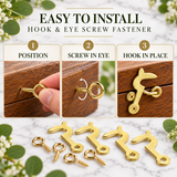 Hook & Eye Screw Side  25mm, 30mm – Electro Brass Plated Self-Tapping Fastener Clasp Hooks for Picture Frames, Mirrors & Jewellery Boxes