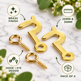 Hook & Eye Screw Side  25mm, 30mm – Electro Brass Plated Self-Tapping Fastener Clasp Hooks for Picture Frames, Mirrors & Jewellery Boxes