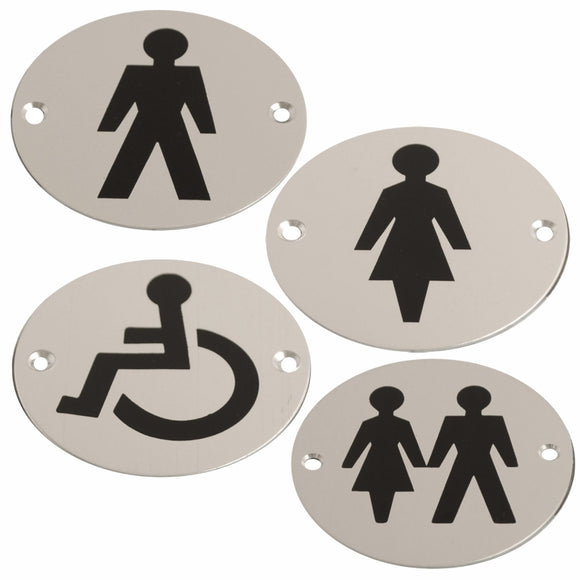 Disc Screen Printed Door Sign – Male, Female, Unisex, Disabled – Satin Aluminium Finish – 76mm Round