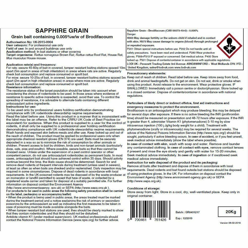 Mouse & Rat Killer Rodent Control Poison Bait Blue Grain Single Feed Killer BRODIFACOUM 0.0025% - THE MAXIMUM LEGAL STRENGTH - Sisi UK Ltd
