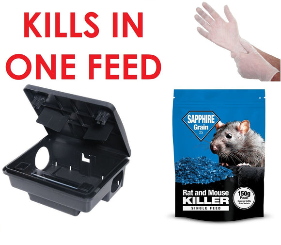 RAT & MOUSE BAIT STATION WITH PROFESSIONAL BAIT BLUE GRAIN - SINGLE FEED KILLER BRODIFACOUM AT 0.0025% - THE MAXIMUM LEGAL STRENGTH (1 Box + 150g Grain)