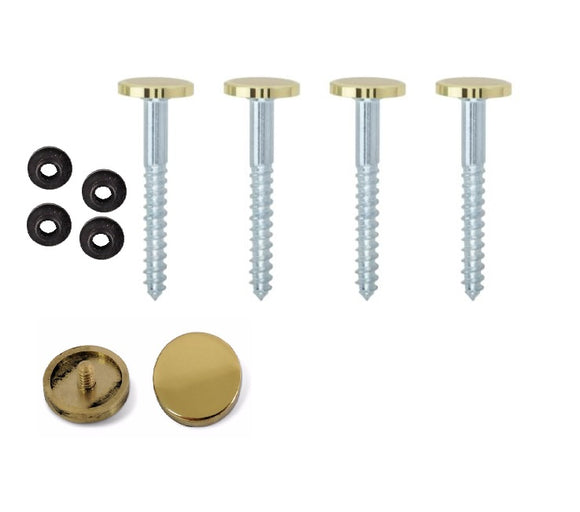 Mirror Screws & Caps Threaded Bolt Screws with Polished Brass Flat Caps 14mm & Rubber Washers - Pack of 4