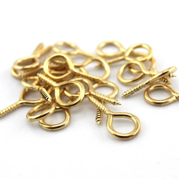 100 x 14mm TINY SMALL BRASS STEEL PICTURE WIRE FRAME SCREW EYE HOOK Mini Hanging Ring